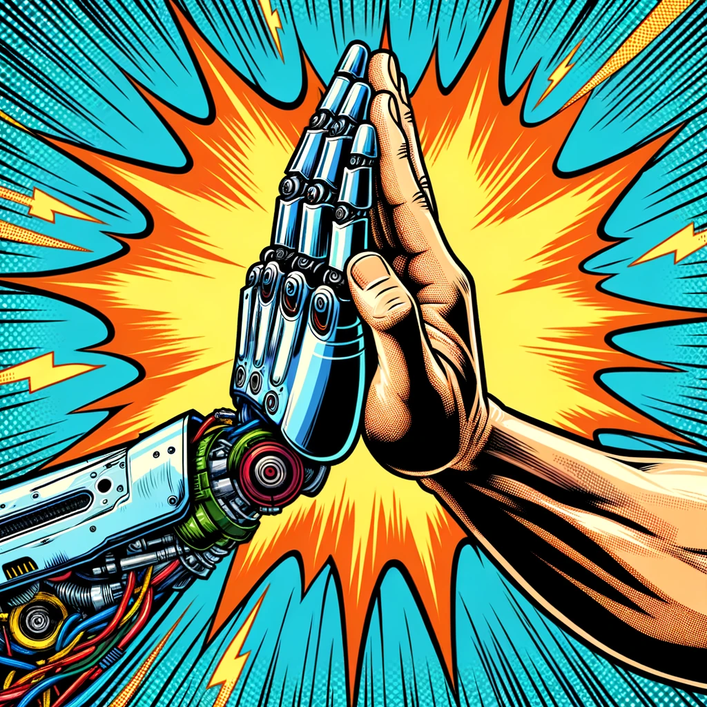 A vibrant celebration between a human and a robot